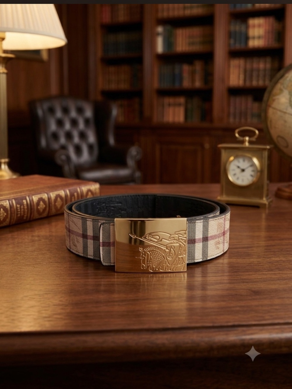 Classic Plaid Men’s Belt with Gold Buckle - Beige/Navy - Picture 2 of 4